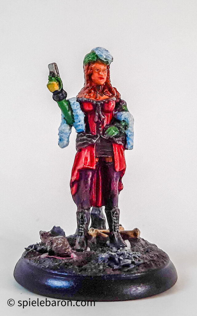 Showcase Foto zu Shadows of Brimstone, bemalte Figuren: Saloon Girl auf Mine Bases vor weißem Hintergrund