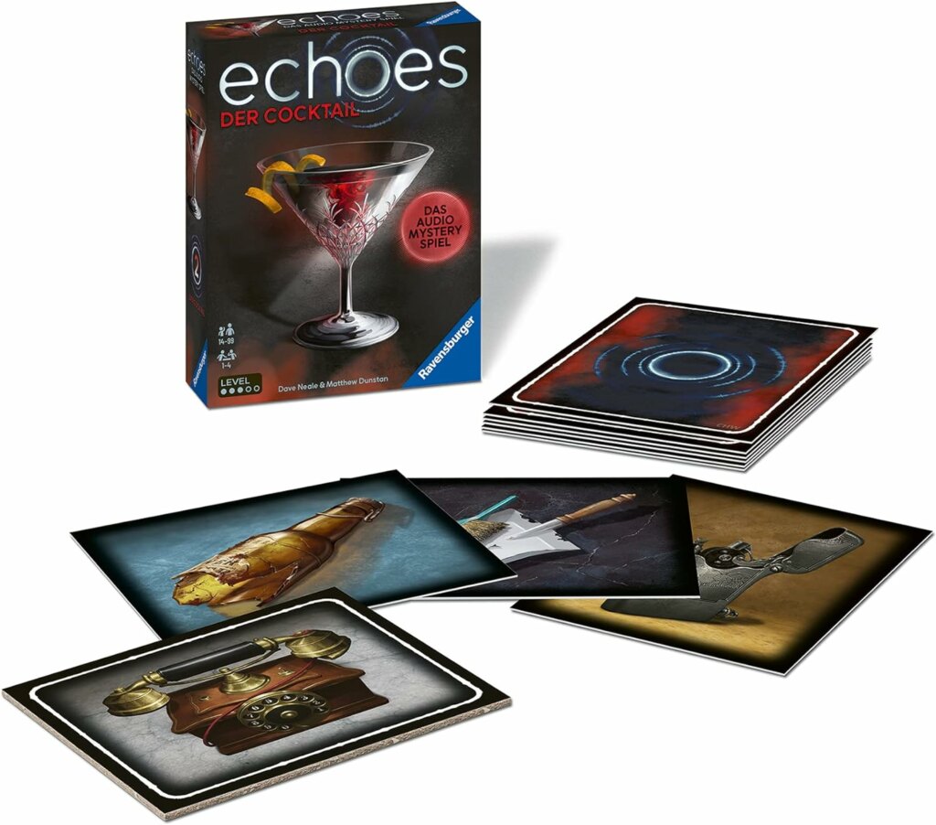 Bild der Spielschachtel des Audio-Mystery-Spiels Echoes: Der Cocktail, mit ausgebreitetem Spielinhalt