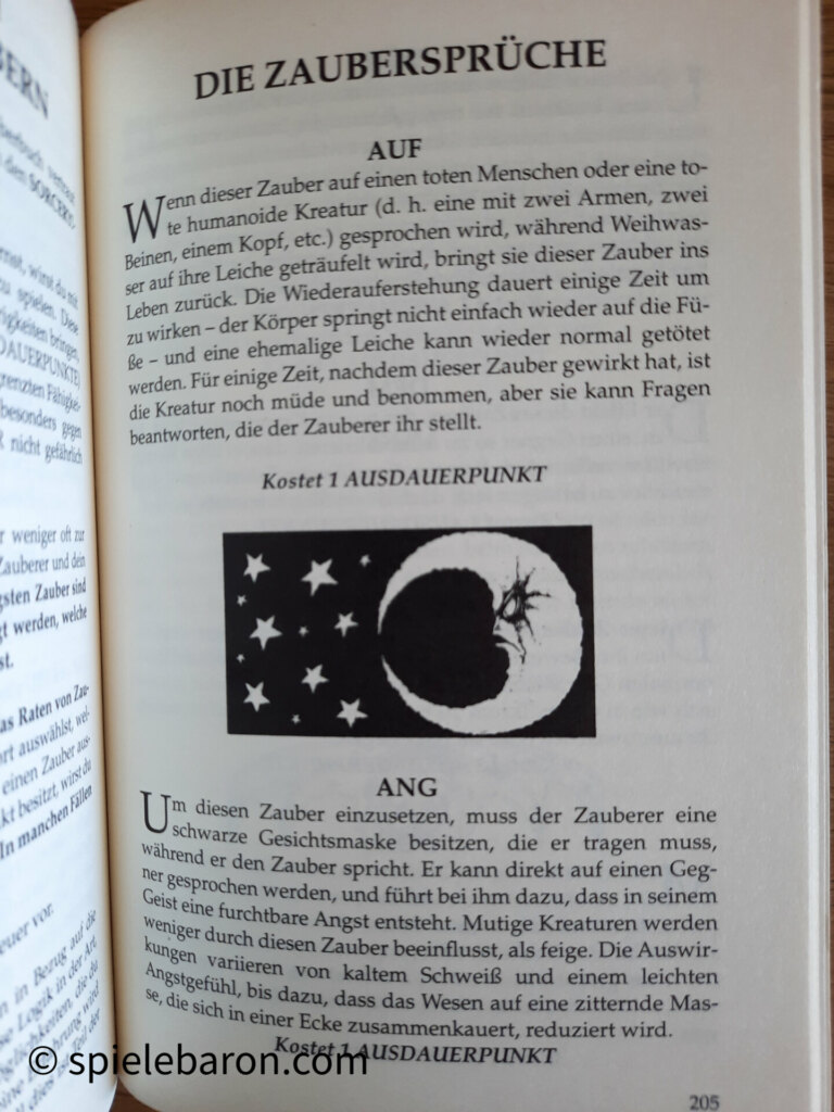 Foto einer Seite mit Zaubersprüchen aus dem CYOA Buch Sorcery! Band 1 - Die Shamutanti-Hügel