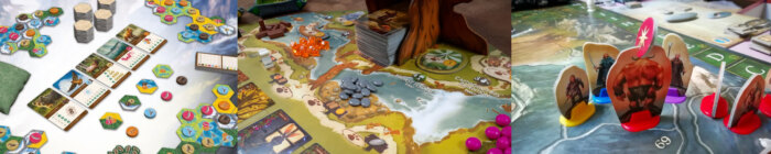 Bildbanner mit Fotos der Brettspiele Cascadia, Everdell und Die Lengenden von Andor